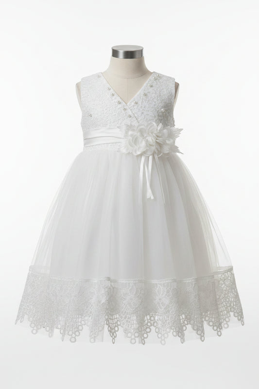 Studio view of the Amelie Ivory Lace Special Occasion Dress displayed on a mannequin against a crisp white background by Little Babybox.