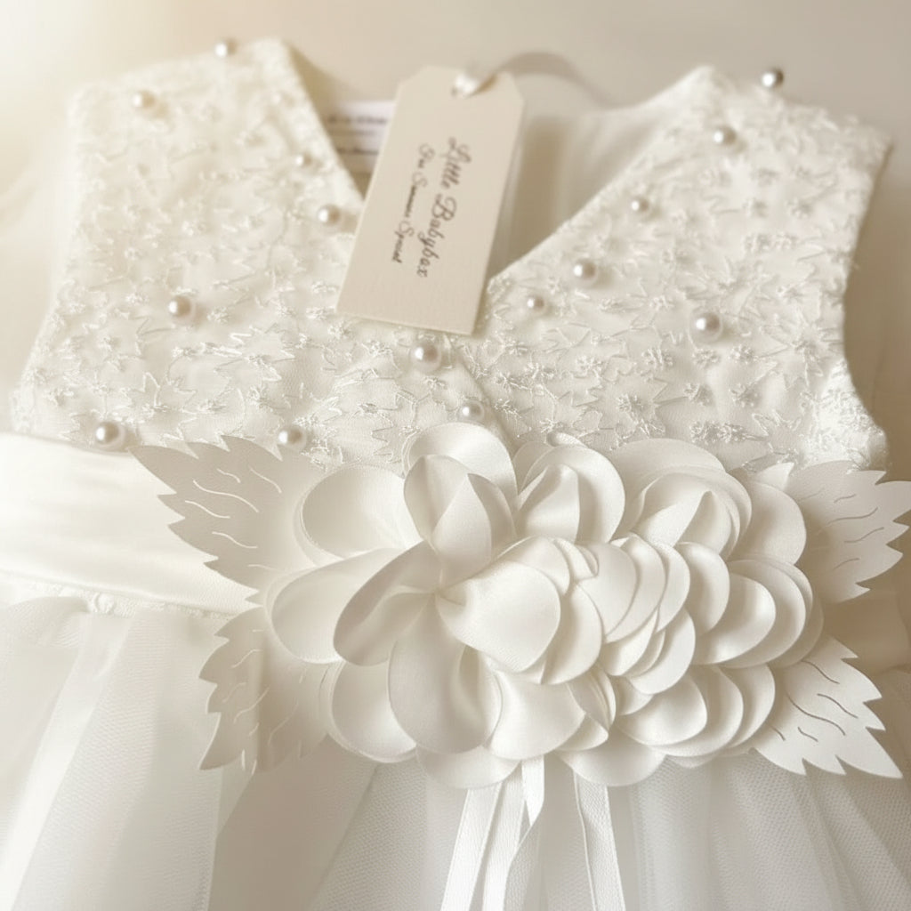 Intricate lace bodice details and handmade fabric flower on the Amélie Ivory Special Occasion Dress by Little Babybox.