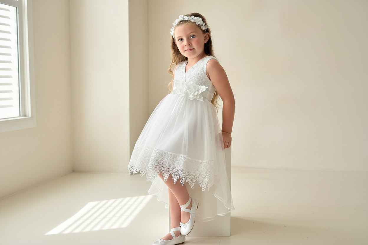 Little girl wearing the Amelie Ivory Lace Special Occasion Dress with a matching white floral headband in a bright, minimalist room by Little Babybox.