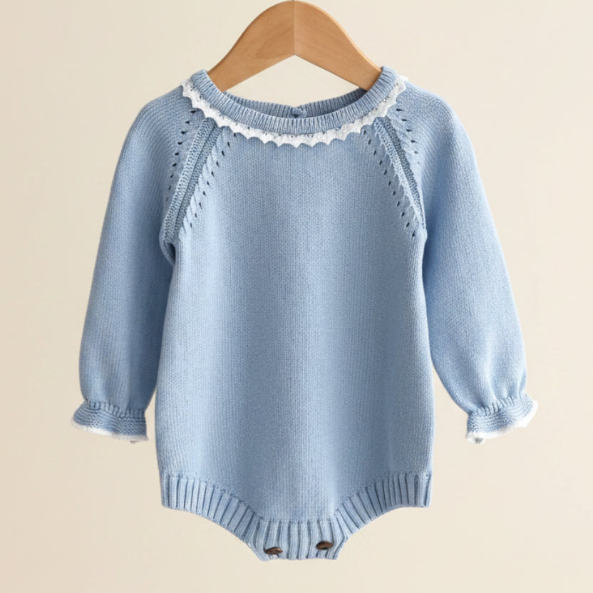 Baby Blue Long Sleeve Knitted Romper showing detailed view of front design- Little Babybox