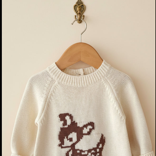 Front neck view of Bambi cream knit baby romper on wooden hanger showing ribbed neckline - Little Babybox