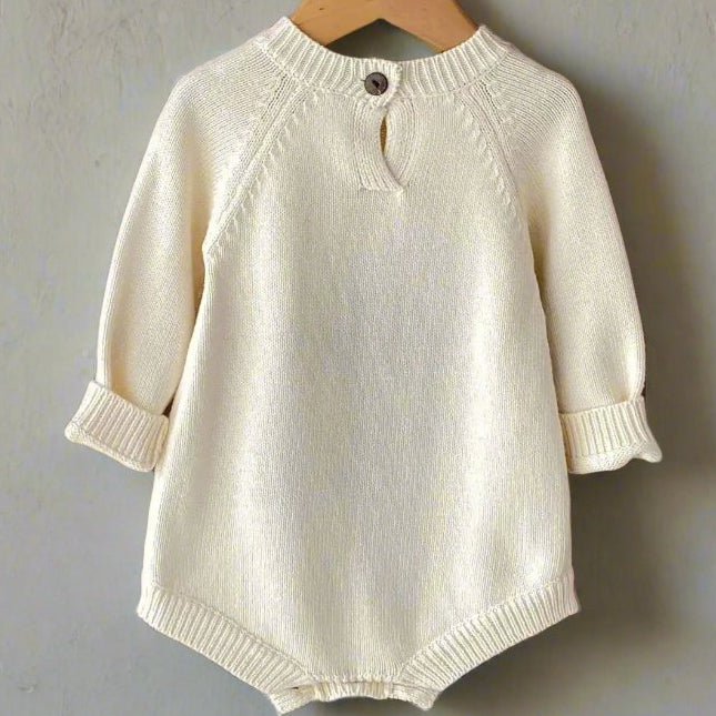 Back view of Bambi knitted romper showing button fastening and ribbed detail - Little Babybox