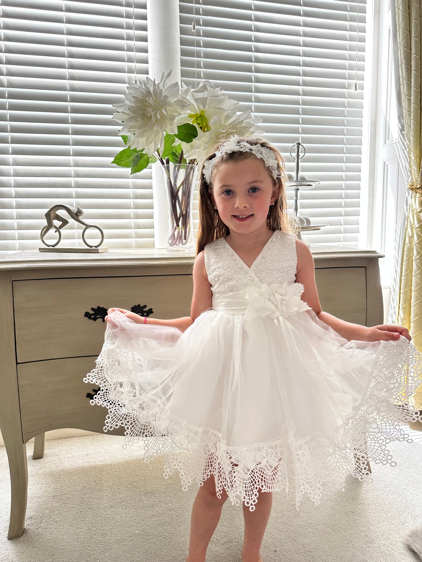 Ivory white lace flower girl A-line dress by Little Babybox.