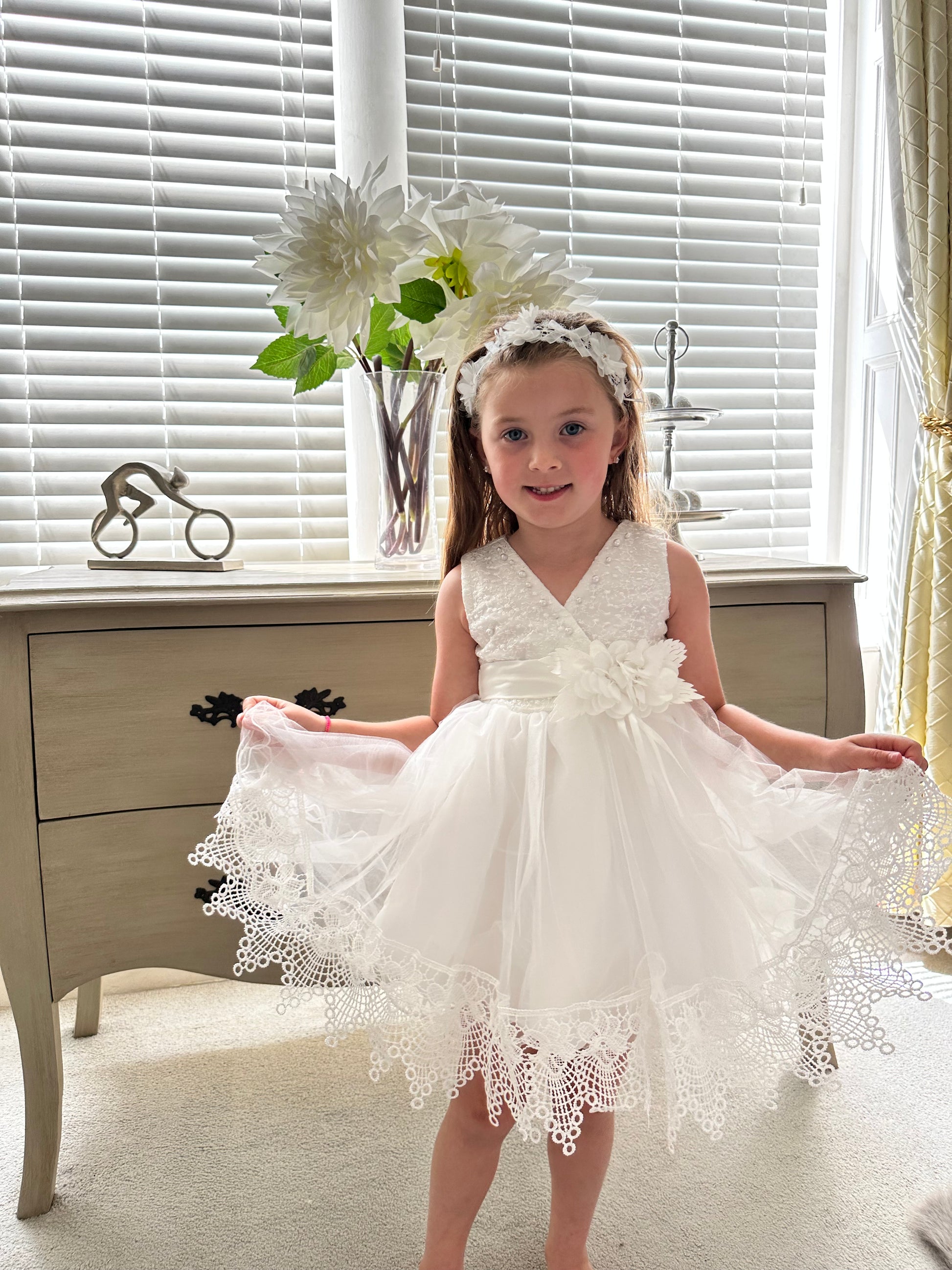 Ivory white lace flower girl A-line dress by Little Babybox.