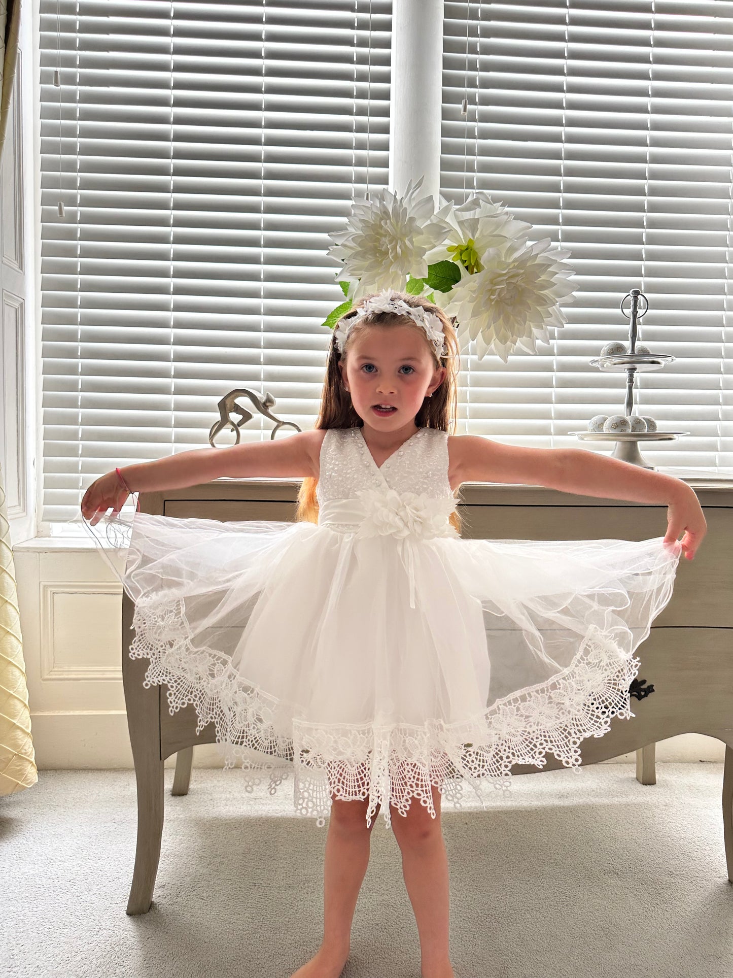 Ivory white lace flower girl dress full skirt with intricate lace detail by Little Babybox.