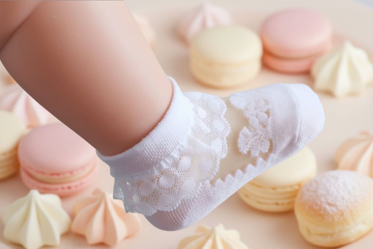 White baby lace ankle socks with floral trim for special occasions