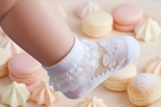 White baby lace ankle socks with floral trim for special occasions