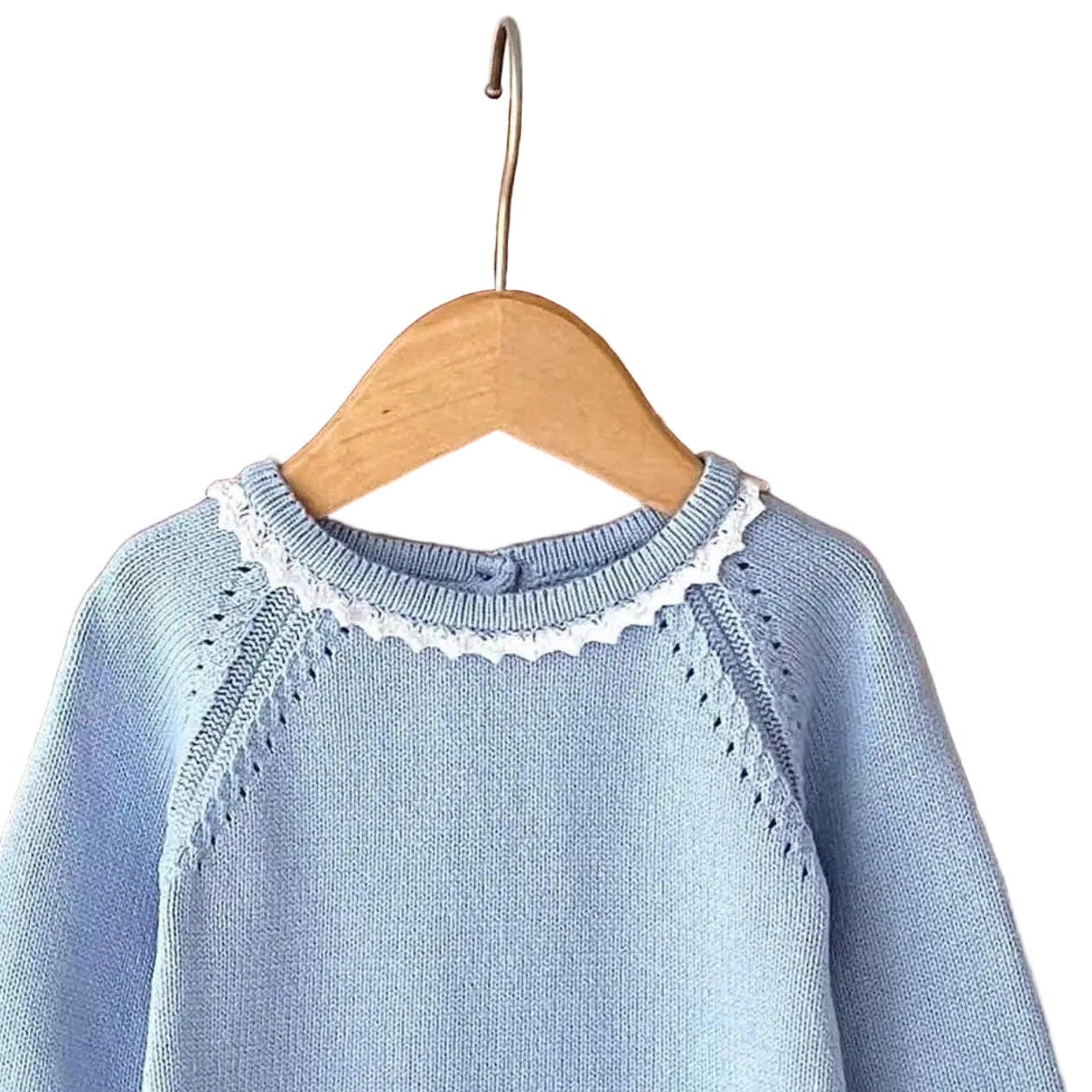 Baby Blue Long Sleeve Knitted Romper on wooden hanger showing neck trim detail - Little Babybox