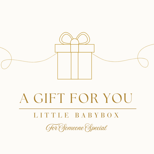 The Little Babybox Digital Gift Card featuring a minimalist gold gift box illustration on a crisp ivory background.