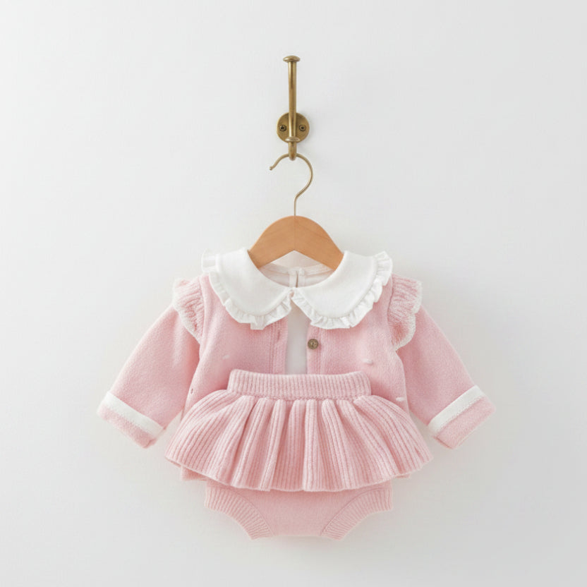Paloma pale pink knit cardigan and ruffle bloomer set with Penny white collared blouse on wooden hanger - baby girl outfit by Little Babybox