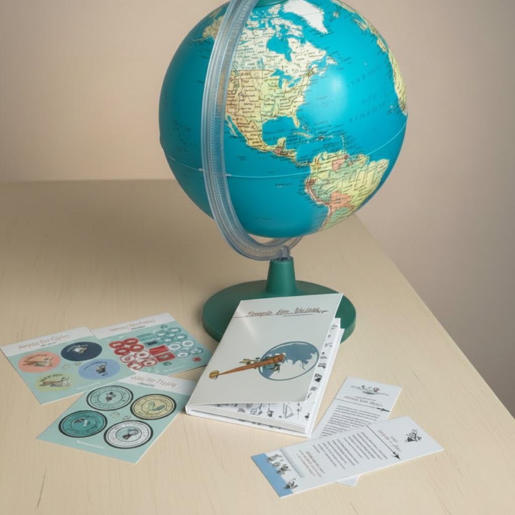 A blue and green globe on a stand with printed materials and stickers and the Simply for Flying Logbook on a cream table top - Little Babybox