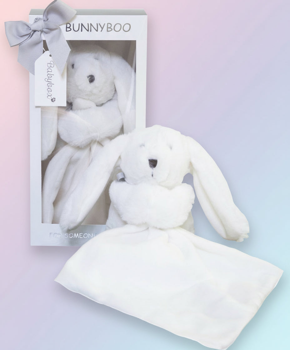 White plush bunny toy with matching blanket in a 'Bunny Boo' gift box