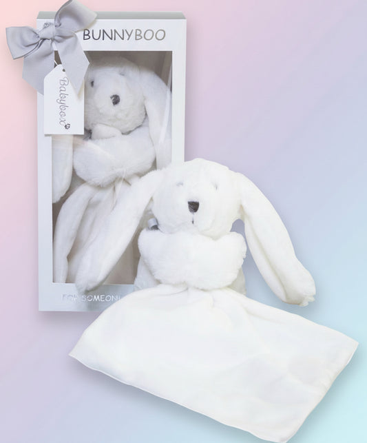 White plush bunny toy with matching blanket in a 'Bunny Boo' gift box