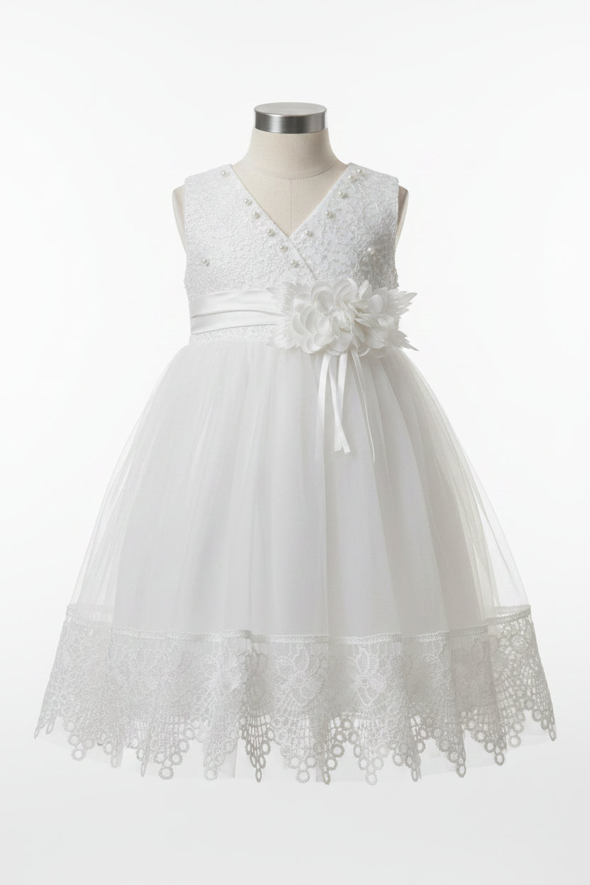 Studio view of the Amelie Ivory Lace Special Occasion Dress displayed on a mannequin against a crisp white background by Little Babybox.