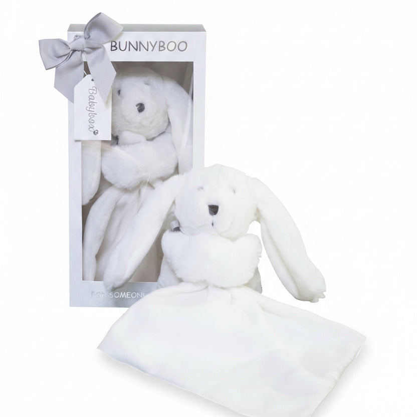 BUNNYBOO white plush bunny toy with matching soft comforter blanket beautifully packaged in a gift box by Little Babybox