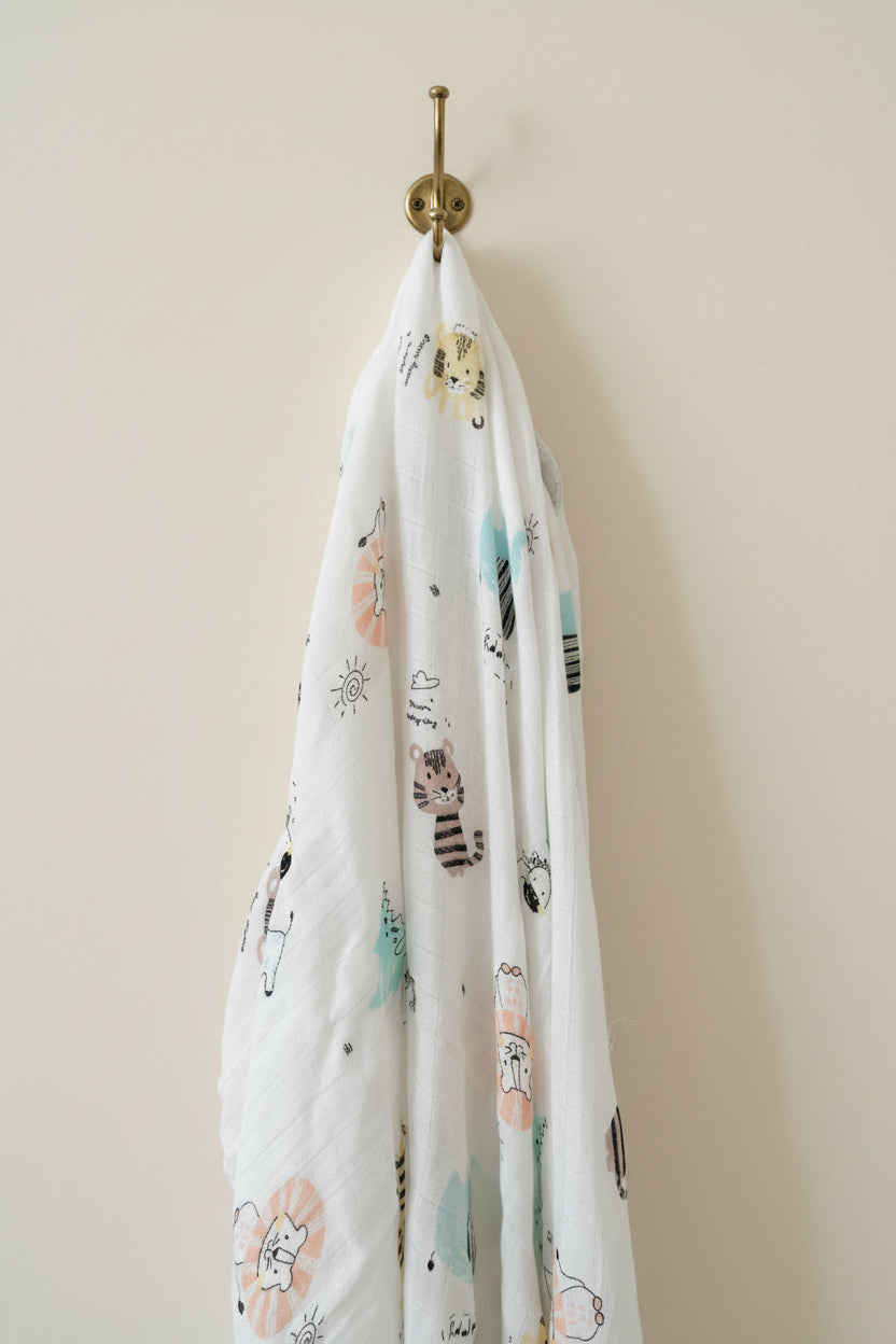 Luxury nursery animals patterned premium muslin swaddle blanket hanging elegantly from a brass wall hook by Little Babybox