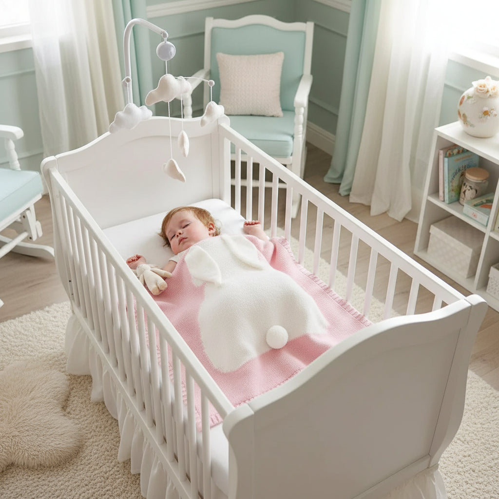 Luxury pastel pink bobtail bunny baby blanket over a sleeping infant in a white wooden nursery crib by Little Babybox
