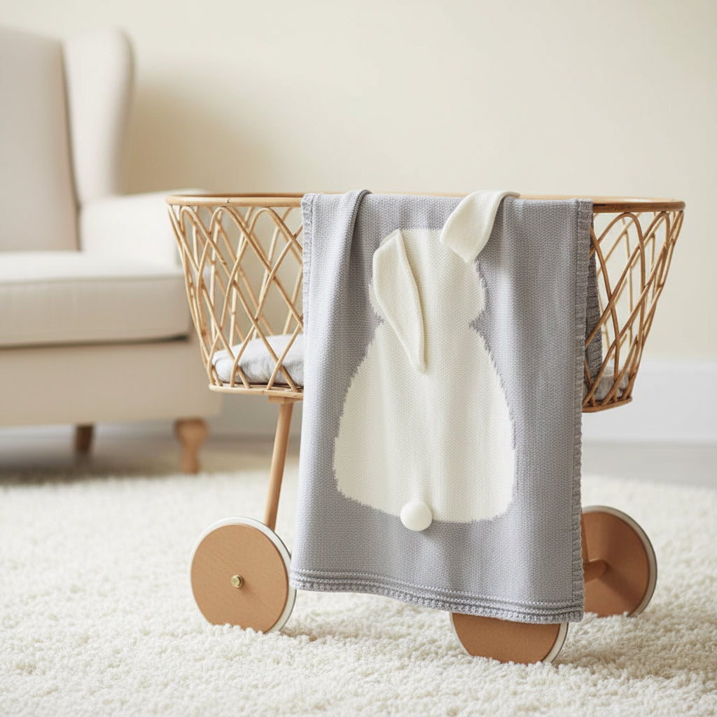 uxury soft grey bobtail bunny baby blanket draped over a modern wooden crib on a plush cream carpet by Little Babybox