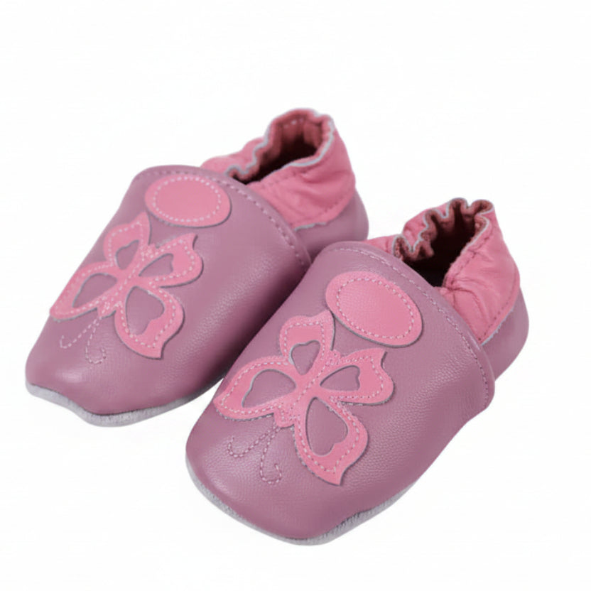 Miss Butterfly Pre-Walker Baby Shoes in two shades of pink leather featuring a delicate lighter pink butterfly design on white studio background - Little Babybox