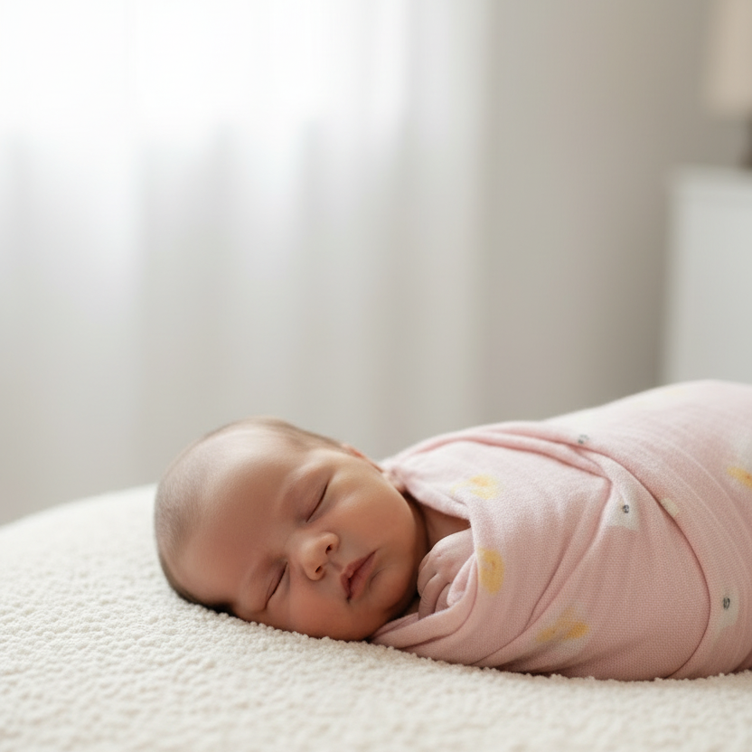 Luxury pastel pink muslin swaddle blanket with a cute duck pattern wrapped around a sleeping newborn baby on a cozy cream boucle surface by Little Babybox