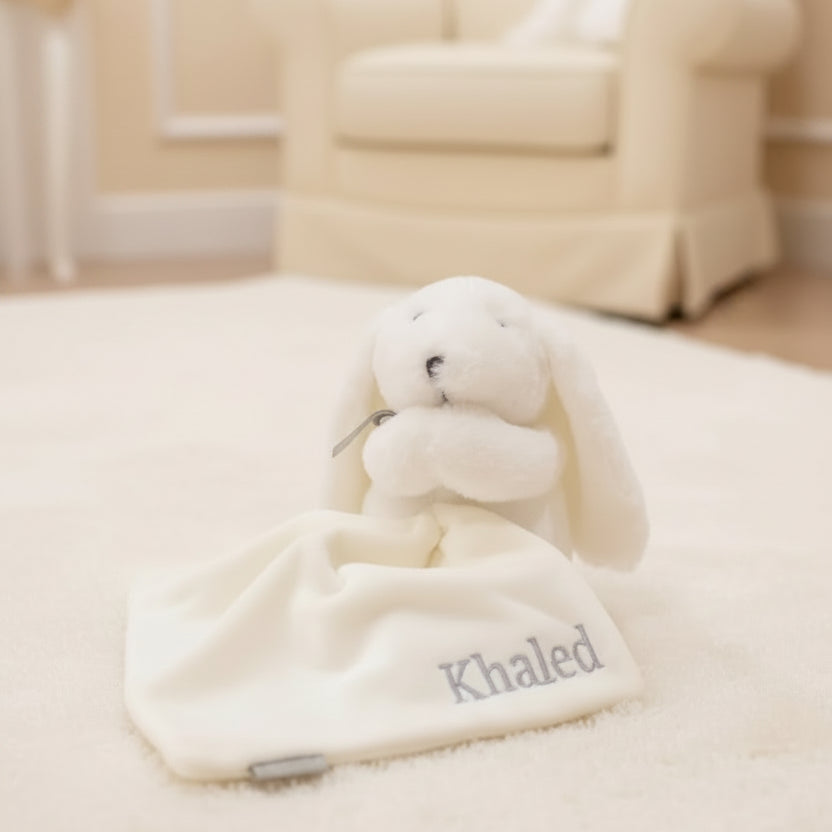 Personalized white bunny comforter toy embroidered with a name, displayed in a luxury cream baby nursery