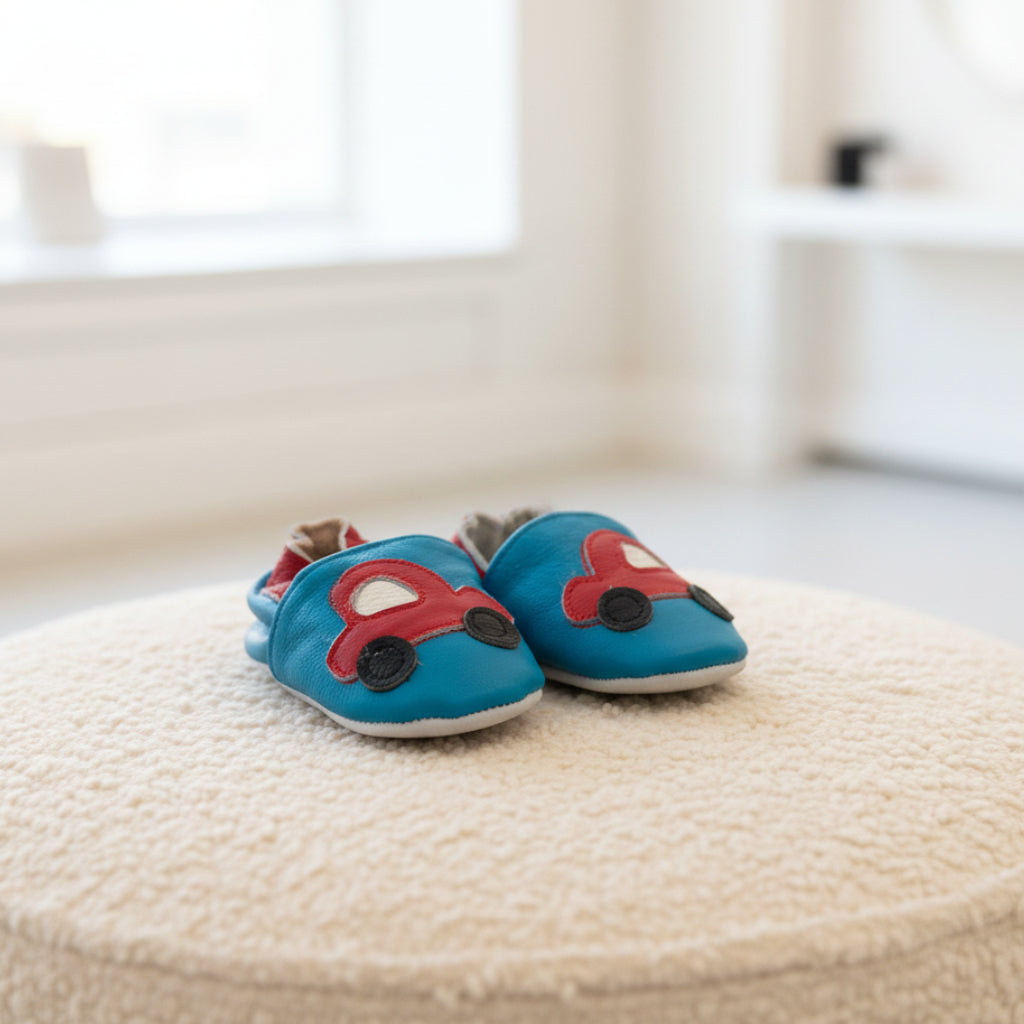 Little Car leather pre-walker baby shoes on cream boucle stool in baby nursery setting- Little Babybox