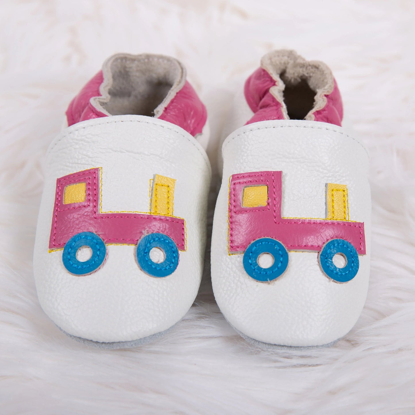 Little Train  pre-walker baby shoes on white faux fur rug- Little Babybox