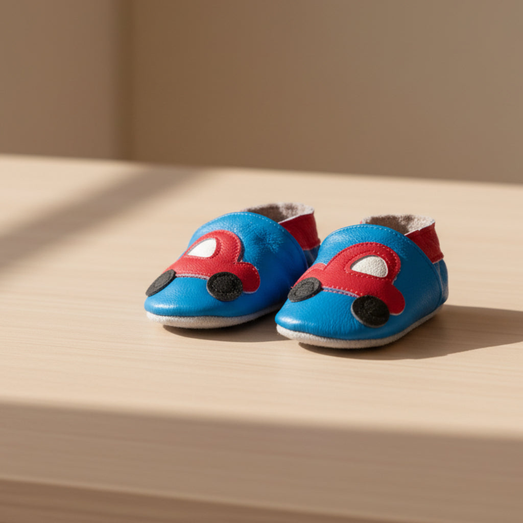 Little Car leather pre-walker baby shoes positioned on display shelf- Little Babybox