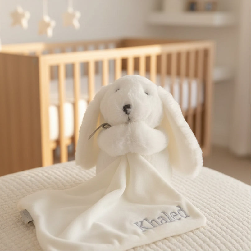 Real product photo showing custom silver grey name embroidery on a luxury white BunnyBoo plush baby comforter blanket by Little Babybox